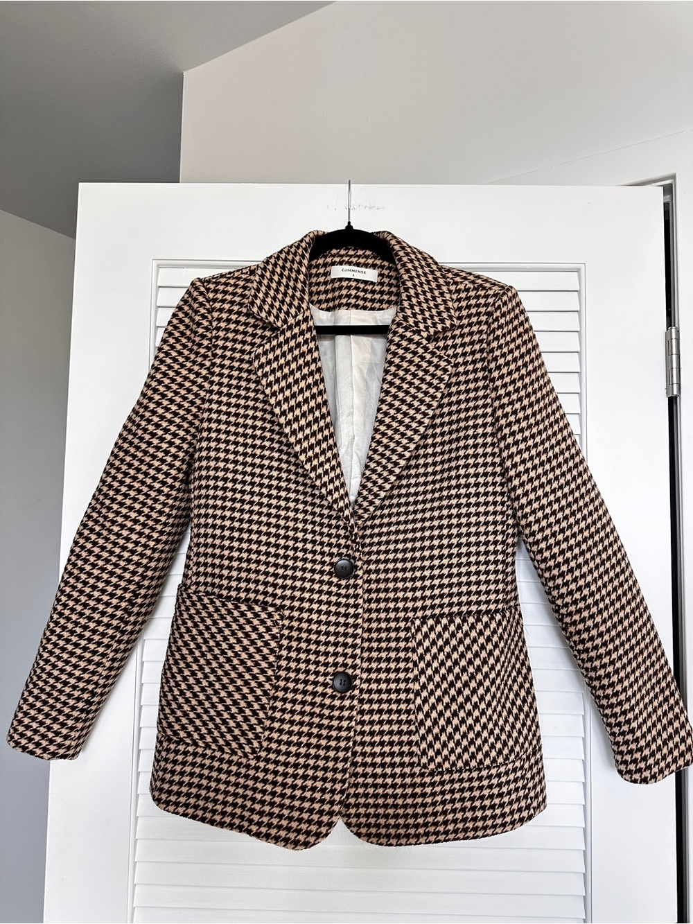 Commense Brown Houndstooth Single-Breasted Cotton Blend Blazer Jacket Size S
